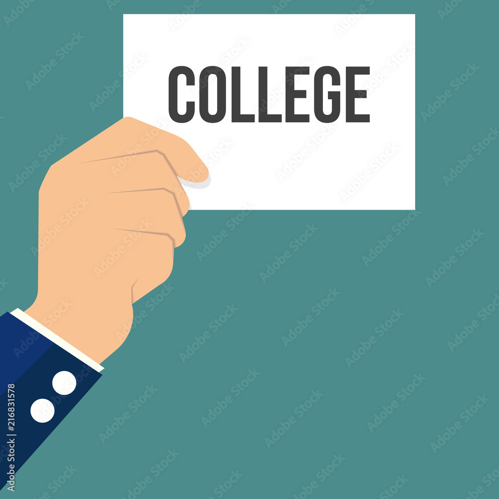 Man showing paper COLLEGE text Man showing paper COLLEGE text
