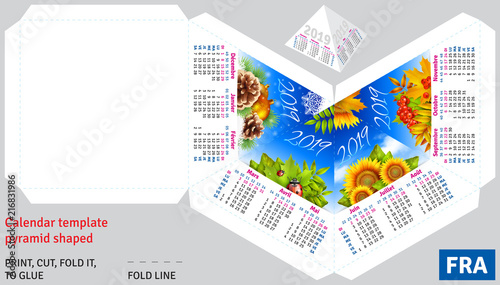 Template french calendar 2019 by seasons pyramid shaped, vector background
