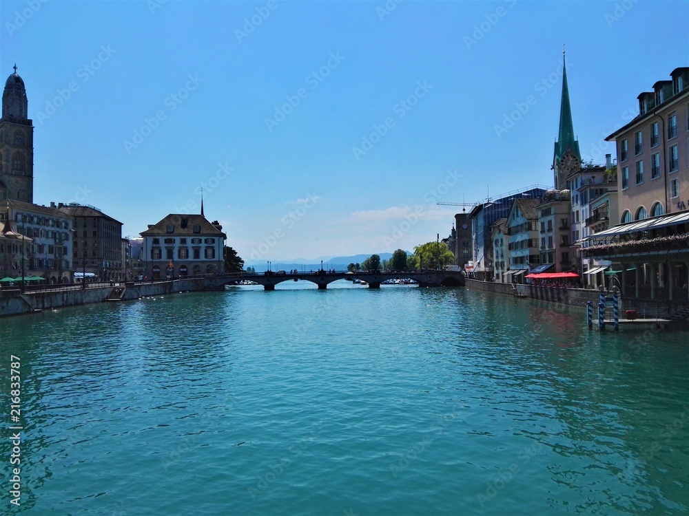 View of the river Limmat running into Lake Zurich in Switzerland