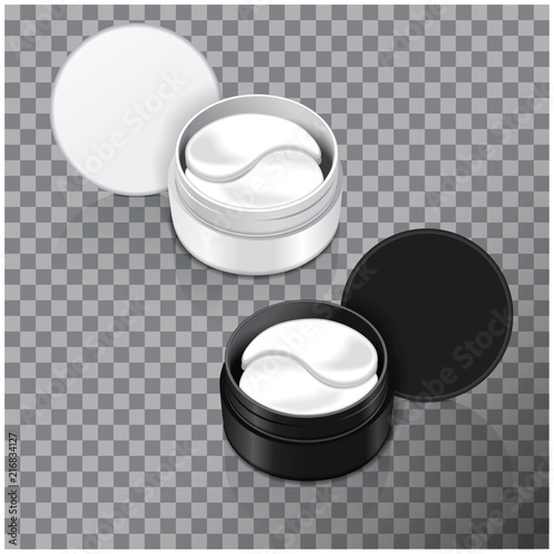 Hydrogel patches for the eyes. Vector illustration of realistic container with eye gel patches