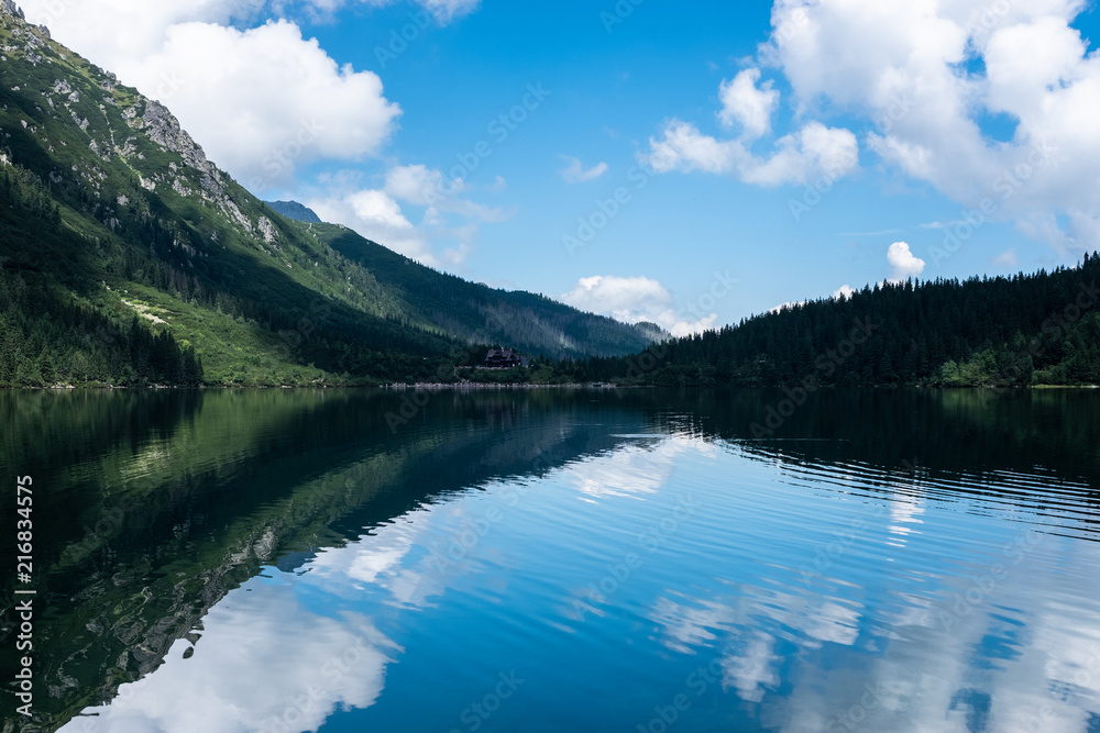 Panoramic view of summer alpine mountain lake