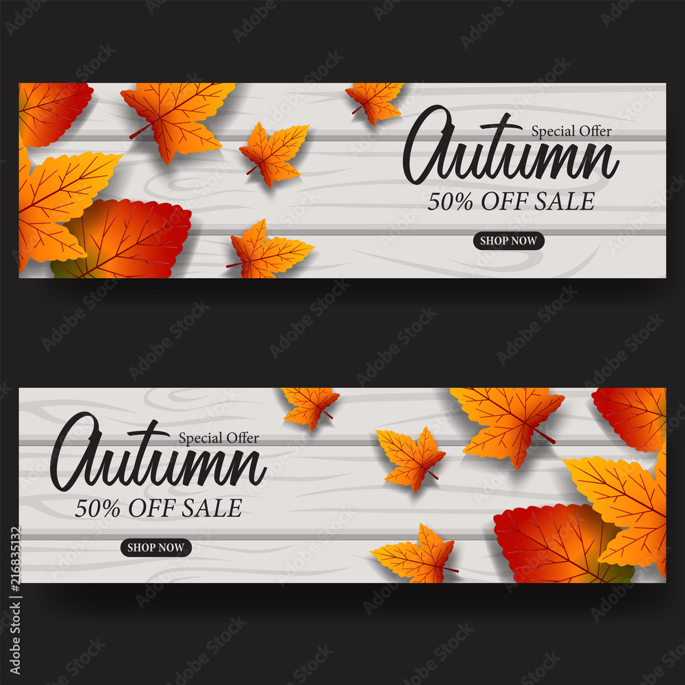 Naklejka premium autumn poster fall leaves template with wood background. vector illustration. sale autumn template
