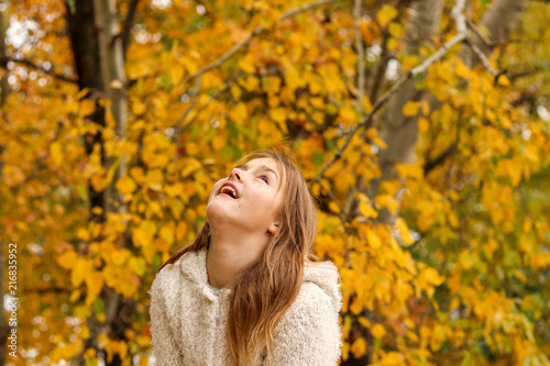 Beautiful happy young girl looking up with smile on her face in autumn park with yellow leaves on background. Happiness  dreams  hope.
