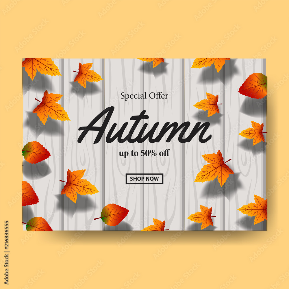 autumn poster fall leaves template with wood background. vector illustration. sale autumn template