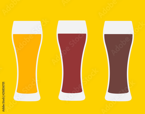 Beer glasses. Three versions light beer, dark beer and amber beer. Isolated vector illustration.