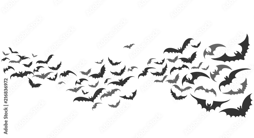 Bats flying. Vector vampire bat set isolated on white background, halloween scary creepy animals in sky horizontal path divider