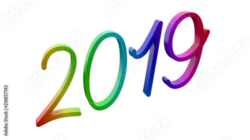 2019 Happy New Year 3D Rendered Text With Nickainley Font Illustration Colored With RGB Rainbow Gradient, Isolated On White Background ..
