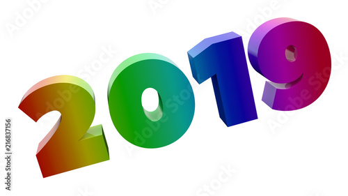 2019 Happy New Year 3D Rendered Text With Peace-Sans Font Illustration Colored With RGB Rainbow Gradient, Isolated On White Background ..