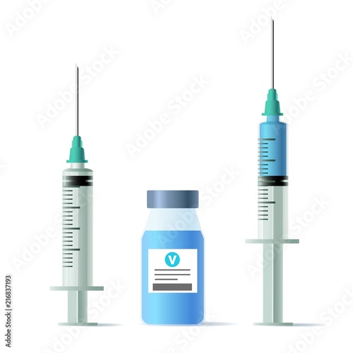 Syringe and vaccine. Plastic syringes shot and vaccines dose injection, inoculation and vaccination medicine vector illustration