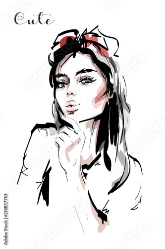 Hand drawn beautiful young woman. Stylish elegant girl portrait. Fashion woman. Sketch.