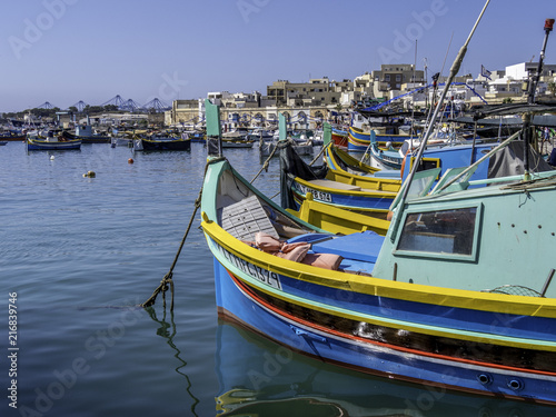 Obraz na płótnie Maltese traditional fishing boat at the harbor of Marsaxlokk Malta w salonie