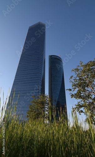 Torres de oficinas en naturaleza. empresa sostenible. arquitectura. cielo azul.