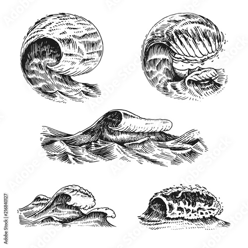 Atlantic tidal waves. Vintage old engraved hand drawn labels. Marine and nautical or sea, ocean background for banner or poster. set of Isolated vector illustration.