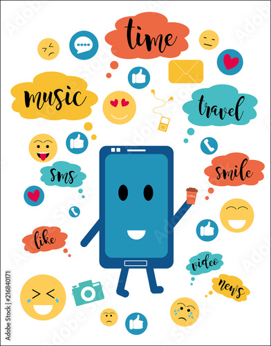 Flat cartoon style, vector colorful illustration. Communication through a smartphone - the Internet, the concept of communication, social networks, chat, video, news, acquaintance, messages, website.