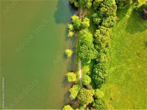 Aerial photo of a lake in a city park in Birmingham Uk