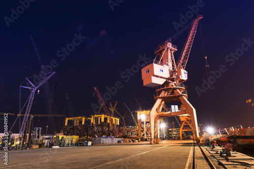 Shipyard, ship repair. Industrial machinery, cranes. Transport, freight concept