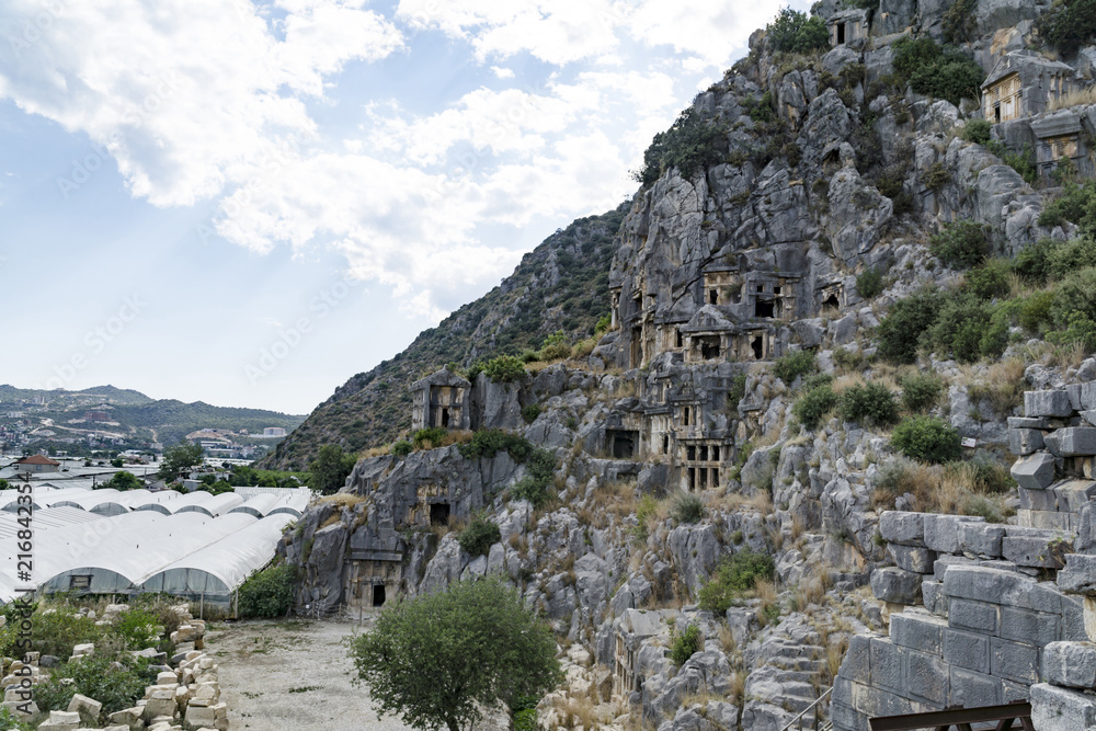 Famous rock-cut Lycian tombs in Myra (Demre), Turkey