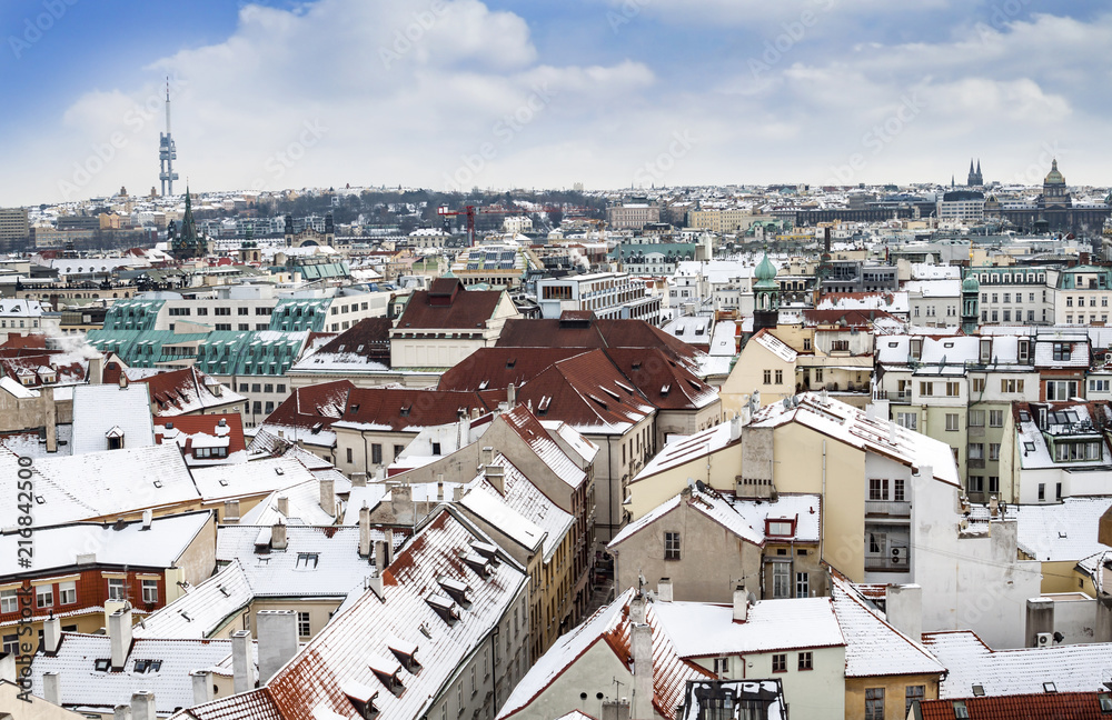 Panorama of Prague with its houses and landmarks in winter