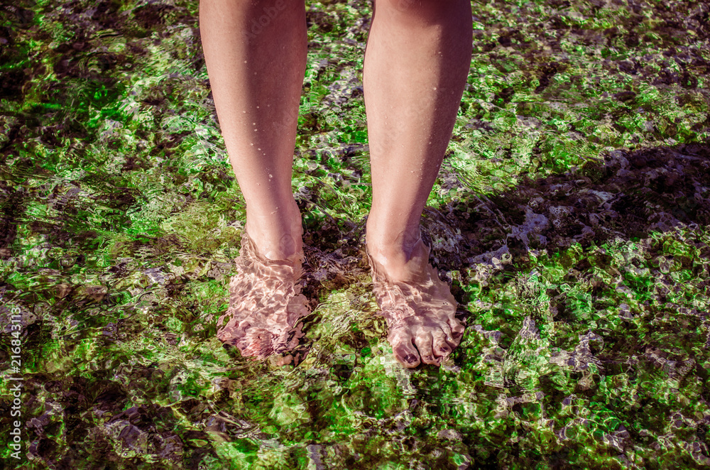 Female legs in clear sea water with a bottom of green color