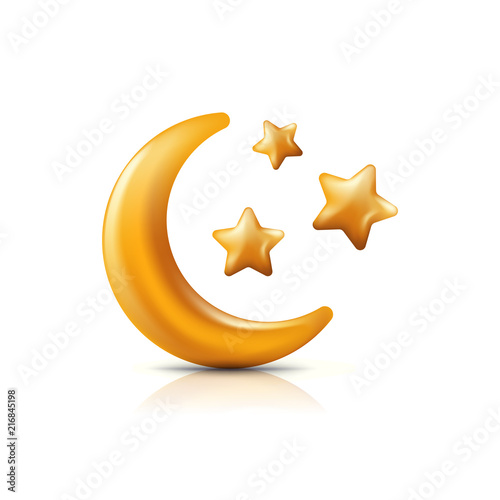 Vector 3d style illustration of golden moon and stars. Decorative gold holiday icons and design elements