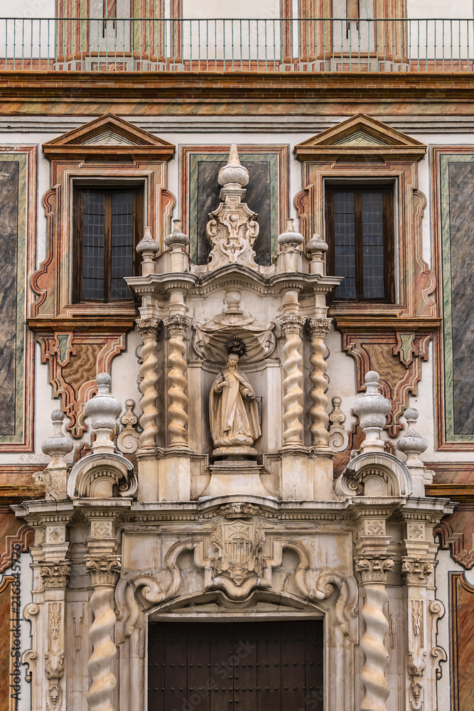 Architectural fragments of Baroque Palacio de la Merced in Cordoba Plaza de Colon. Palacio de la Merced was built in XVIII century; it was monastery of Mercedarian monks. Andalusia, Cordoba, Spain.