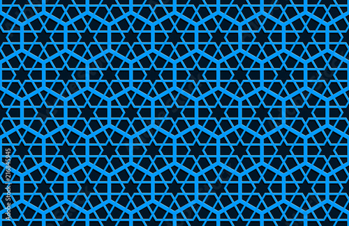 Indian, persian lattice seamless ornament on blue background with shadows