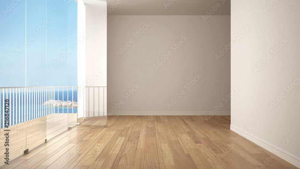Empty interior with parquet floor and big panoramic terrace. Sea ocean panorama with blue sky in the background. Eco house interior design Empty interior with parquet floor and big panoramic terrace. Sea ocean panorama with blue sky in the background. Eco house interior design