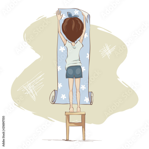 Wallpaper gluing / Girl doing repairs, funny vector illustration