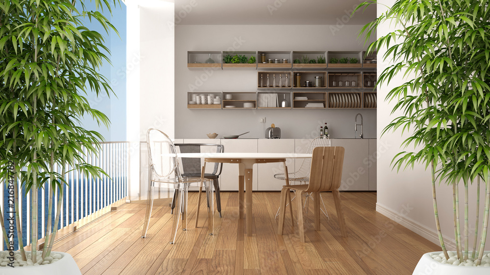 Zen Interior With Potted Bamboo Plant Natural Interior Design Concept Minimalist Kitchen With Panoramic Window Sea Ocean Contemporary Architecture Stock Illustration Adobe Stock
