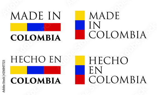 Simple Made in Colombia / Hecho en (spanish translation) label. Text with national colors arranged horizontal and vertical.