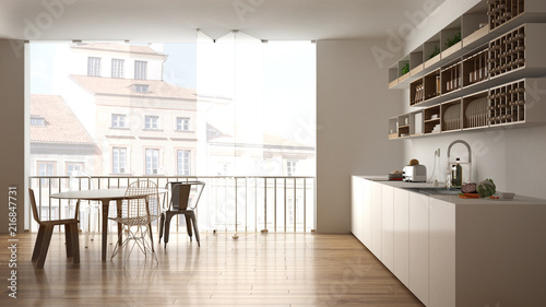 Minimalist white and wooden kitchen with dining table and big panoramic window. City, old town panorama in the background. Eco house interior design