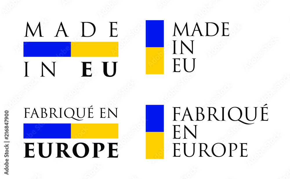 Simple Made in EU / Fabrique en Europe (french translation) label. Text with national colors arranged horizontal and vertical.