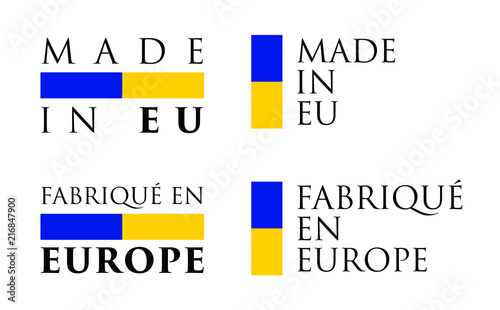 Simple Made in EU / Fabrique en Europe (french translation) label. Text with national colors arranged horizontal and vertical.