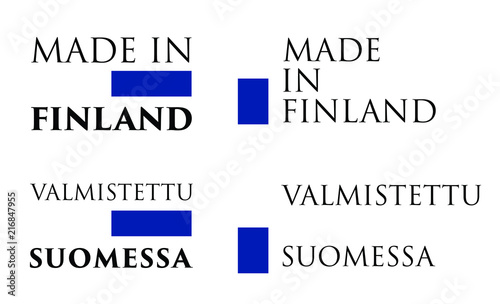 Simple Made in Finland / Valmistettu Suomessa (finnish) label. Text with national colors arranged horizontal and vertical.