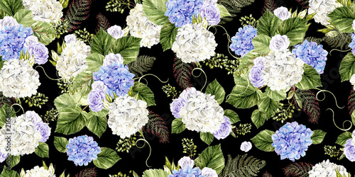 Beautiful  watercolor pattern with roses and hudrangea flowers.