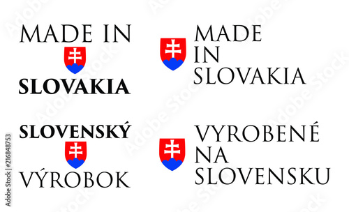 Simple Made in  Slovakia / (translation in local language, and "Slovak Product" translated) label. Text with national colors arranged horizontal and vertical.