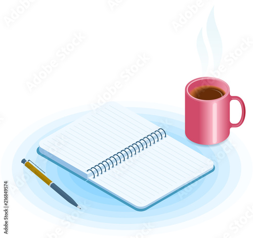 Flat vector isometric illustration of opened copybook, pen, mug of coffee. Office and business breakfast workplace concept: paper notepad and hot cup. School and education workspace supplies.