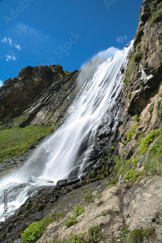 Waterfall in the valley of the river Terskol in the Elbrus region.