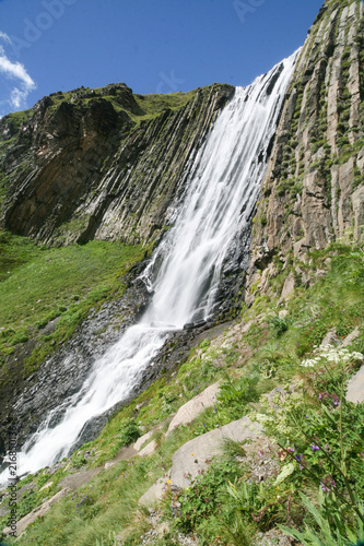 Waterfall in the valley of the river Terskol in the Elbrus region.