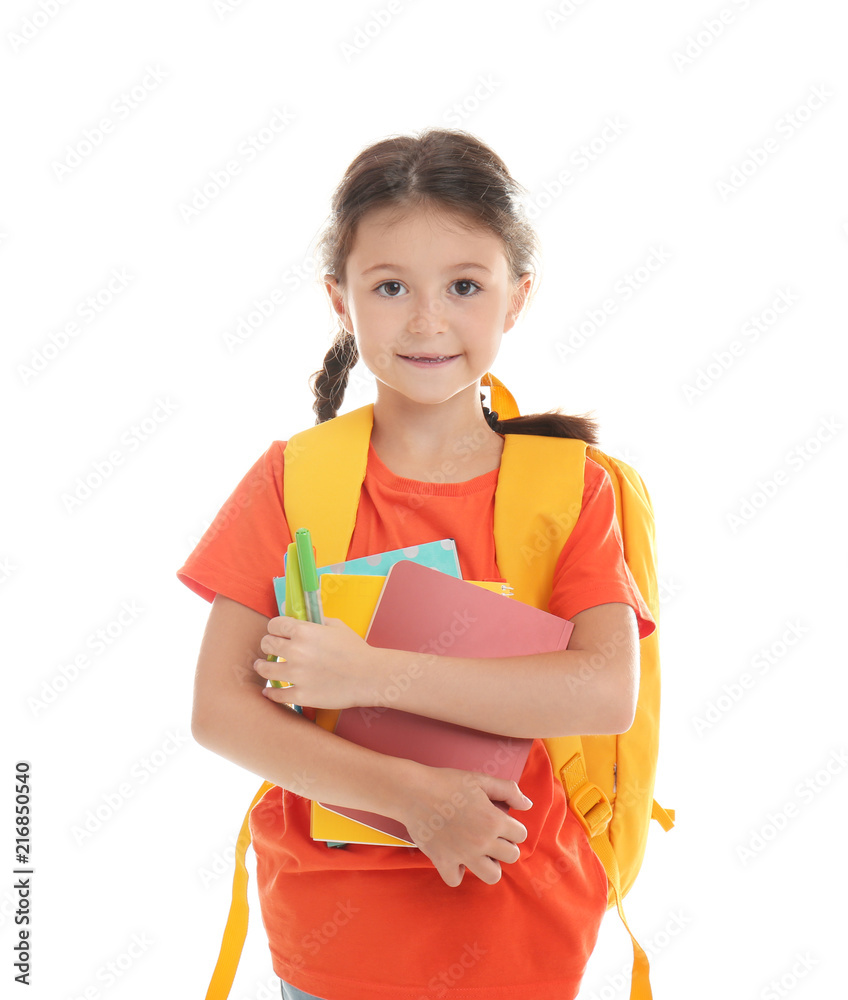 Cute child with school stationery on white background Cute child with school stationery on white background