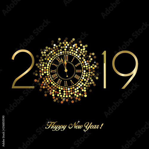 Gold clock with roman numerals on a hexagon disco ball with New Year numerals 2019 in a circular format on a black background