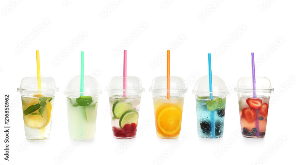 Plastic cups with lemonades on white background Plastic cups with lemonades on white background