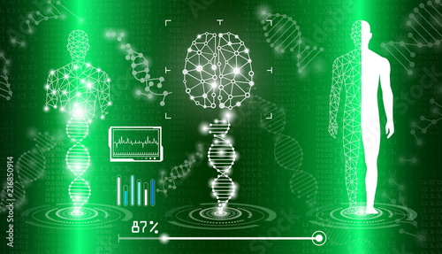 abstract background technology concept in green light,human body heal,technology modern medical science in future and global international medical with tests analysis clone DNA human