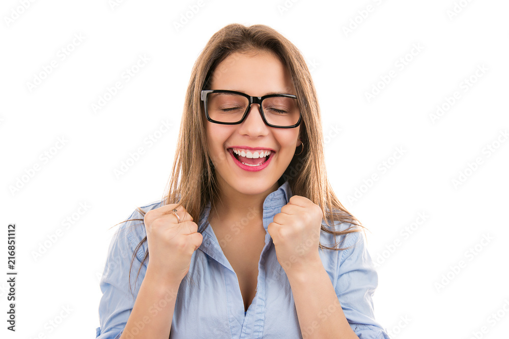 Excited woman screaming with success