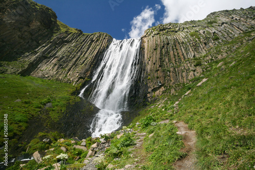 Waterfall in the valley of the river Terskol in the Elbrus region.