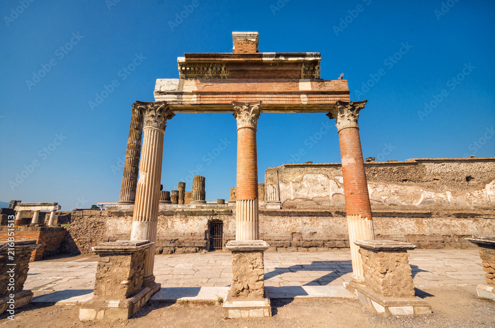 Ruins of the ancient roman city of Pompeii, which was destroyed by volcano, Mount Vesuvius, about two millenniums ago, 79 AD