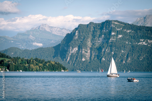 view of Lake Lucerne, the summer season, boats and ships, travel and vacation to Europe concept, Luzern, Switzerland