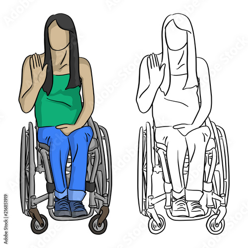woman sitting in wheelchair with hand gesture vector illustration sketch doodle hand drawn with black lines isolated on white background