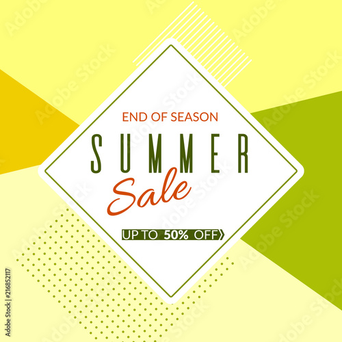 Geometric banner Summer sale end of season 50% discount on a modern geometric background Summer bright colors Design template advertising seasonal summer sales offers discounts marketing Vector banner