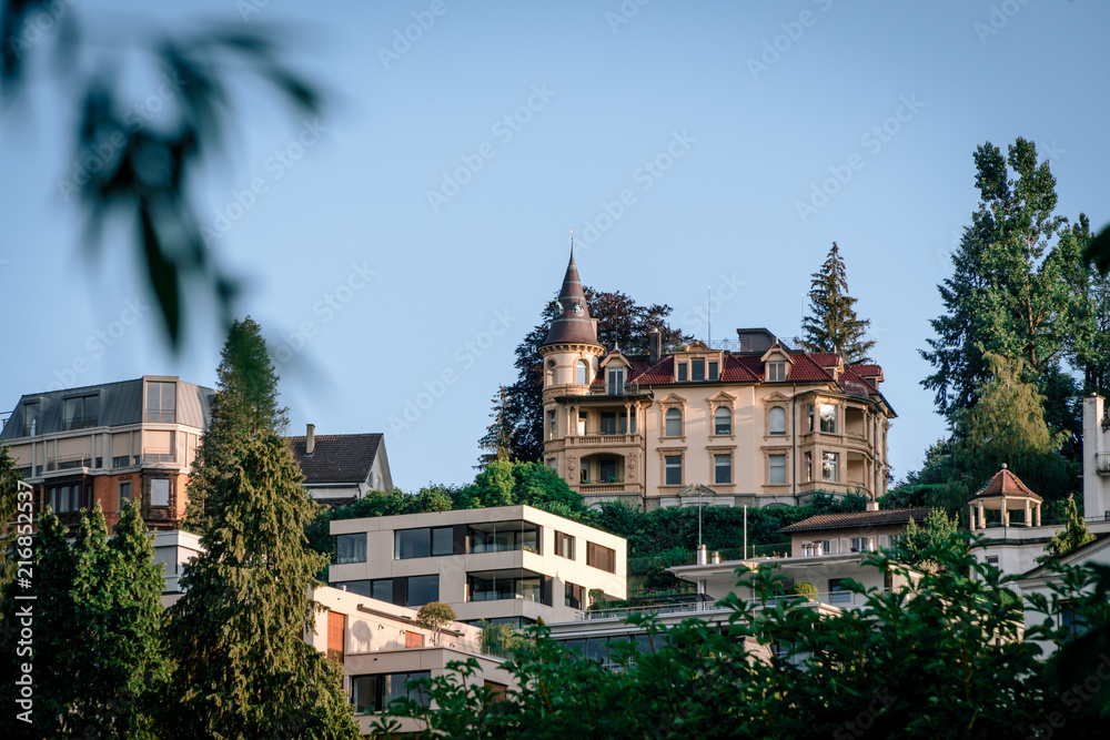 View of the beautiful vintage house of Luzern on the top of hill, Switzerland